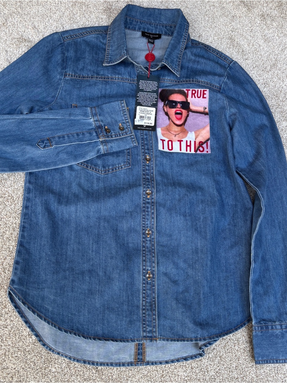 True Religion Endless Stream Denim Shirt w/ Flocked Graphic Women's XS NWT